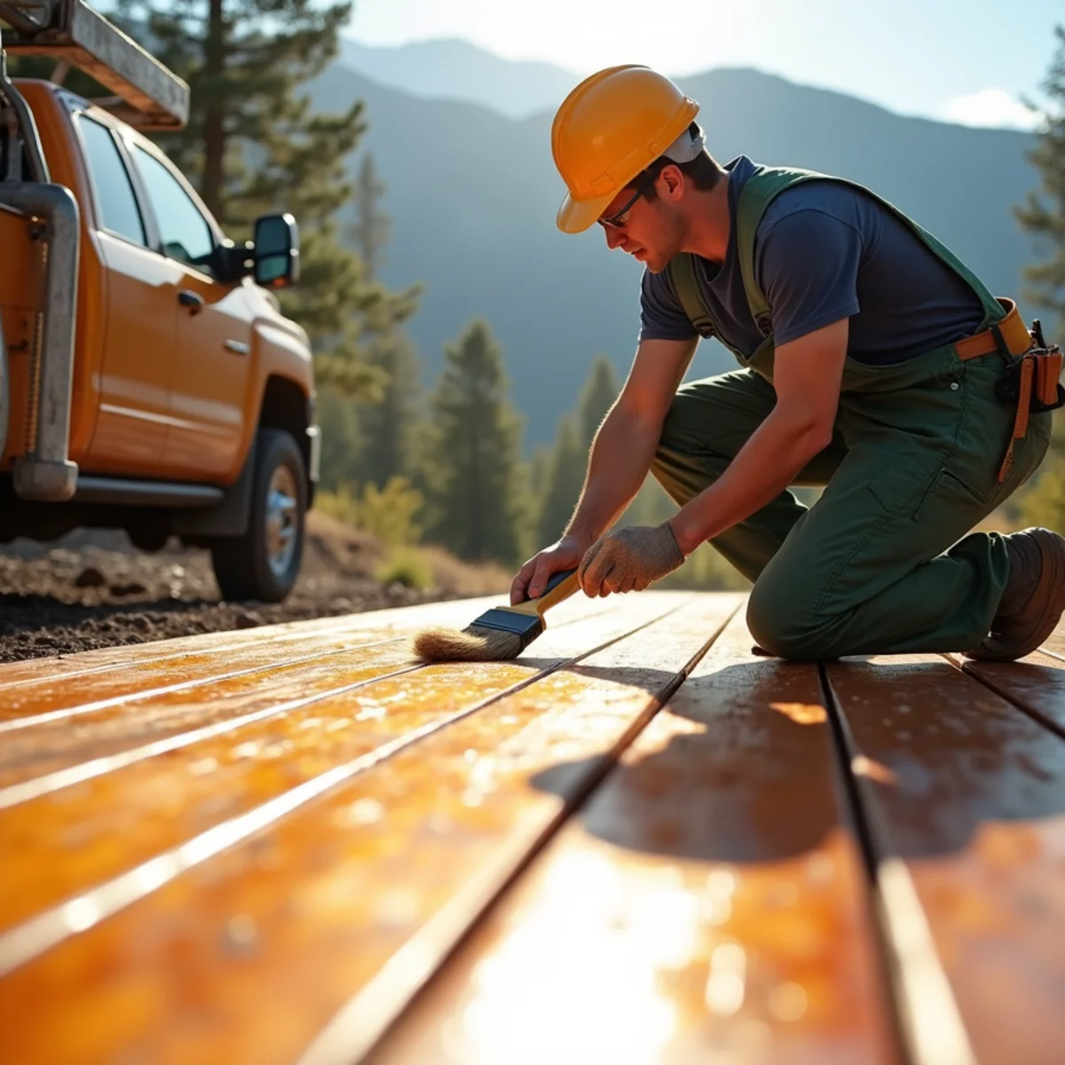Applying semi-transparent UV-inhibiting stain to outdoor cedar deck planks