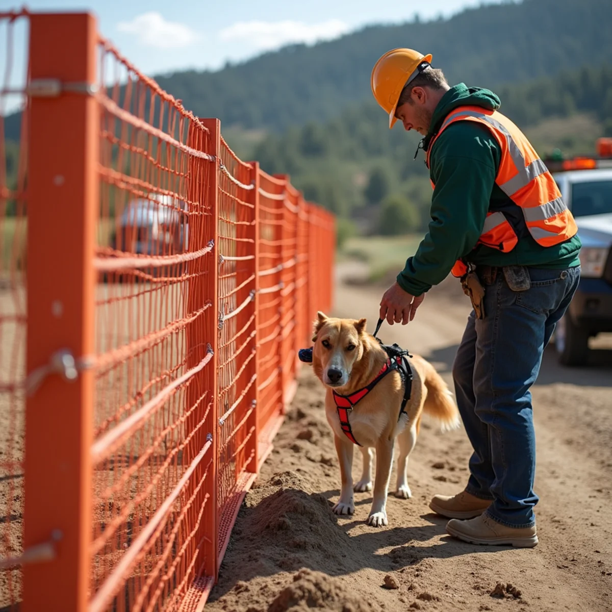 Temporary orange barrier mesh securing breach in residential perimeter for pet safety