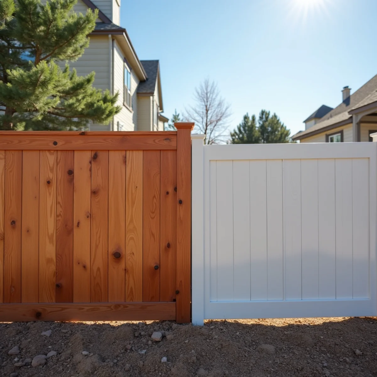 Comparing Western Red Cedar privacy fence and white vinyl fence along residential boundary