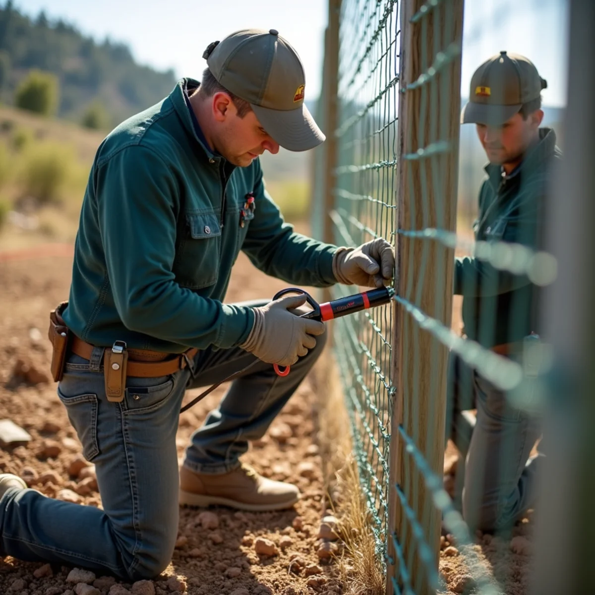 Tensioning high-tensile fixed-knot game wire mesh along heavy wooden line posts