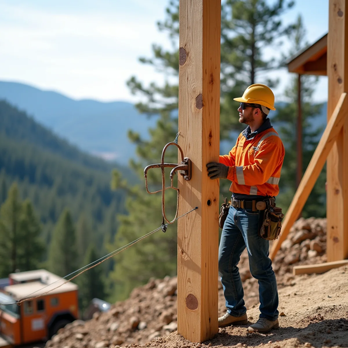 Timber H-brace corner assembly anchored securely into rocky foothill terrain