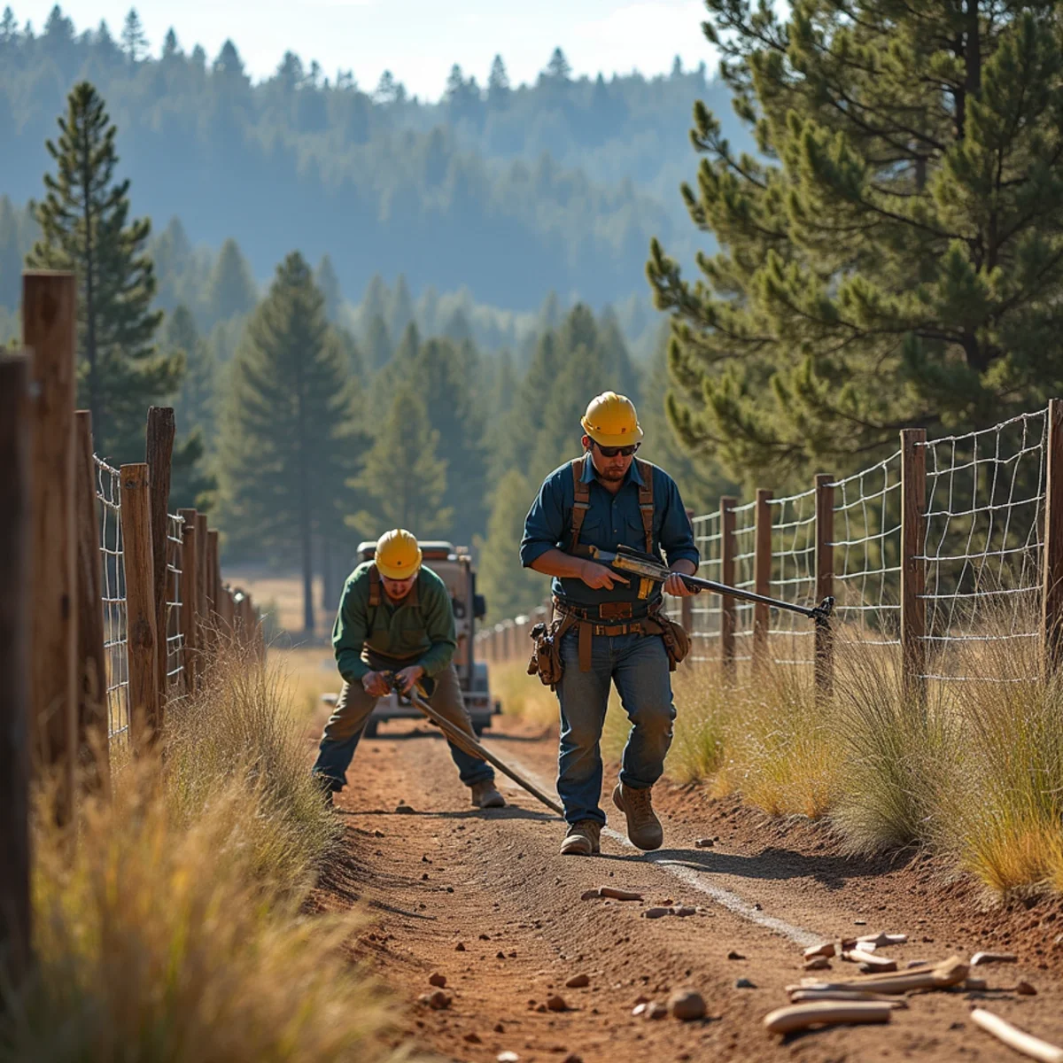 Eight-foot tall wildlife exclusion game fence protecting mountain foothill acreage property