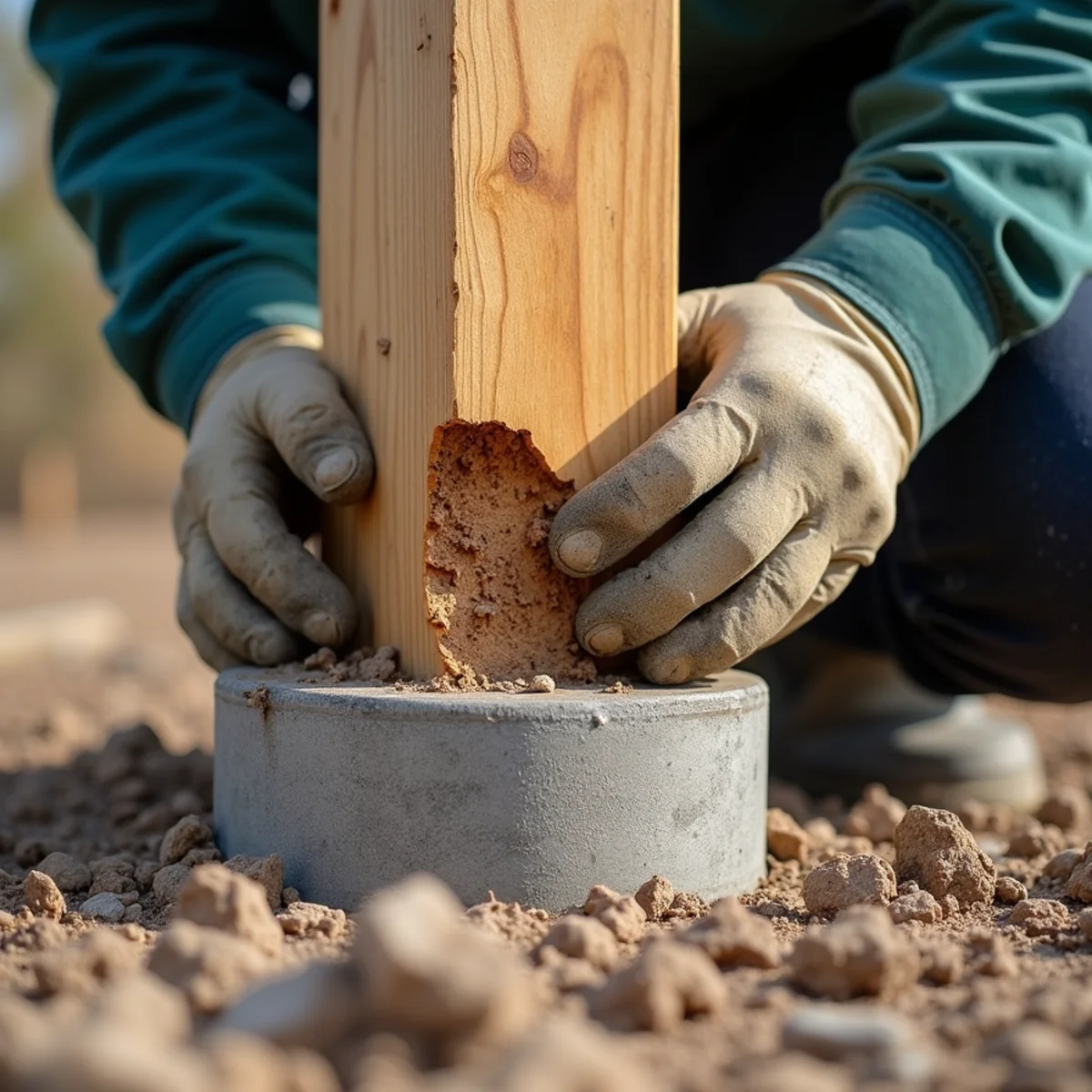 Examining rotted wood grain at point of post failure along concrete ground collar