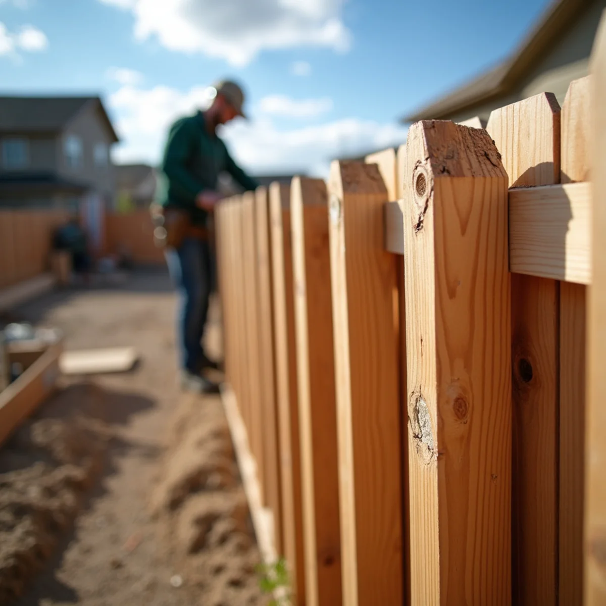 Close-up of cedar fence pickets pitted and splintered by severe high-altitude hailstorm