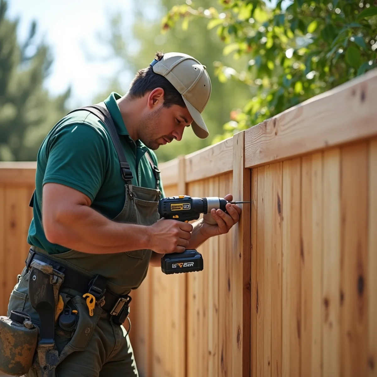 Contractor replacing broken horizontal cedar fence rail with heavy structural screws