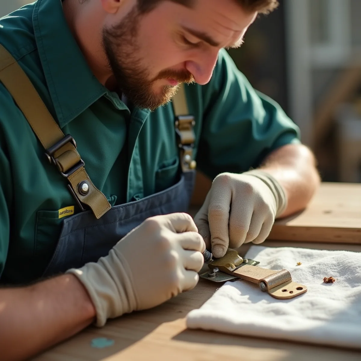 Applying dry Teflon lubricant to bronze gate hinge bushing to repel dust and grit