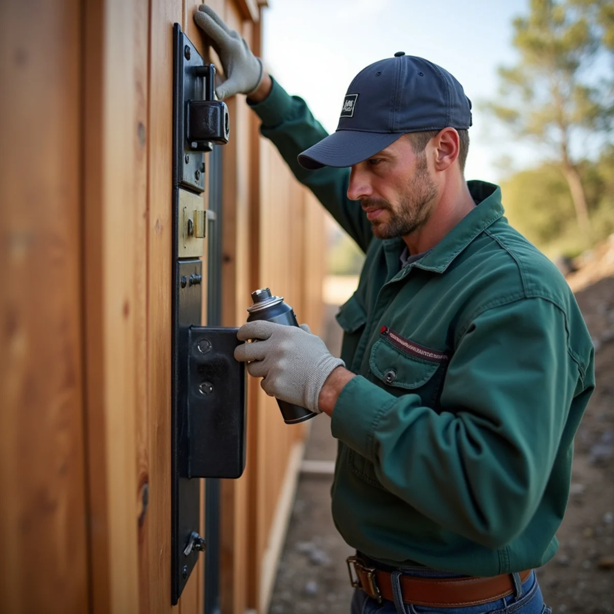 Servicing heavy-duty powder-coated gate hinge with high-grade synthetic lubricant