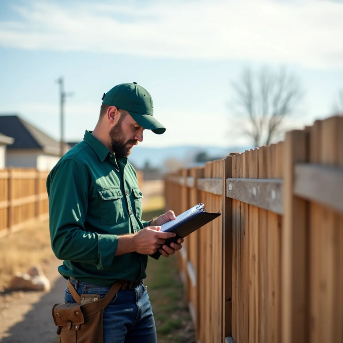Adjuster marking hail damage impact points on wooden fence for insurance claim scope