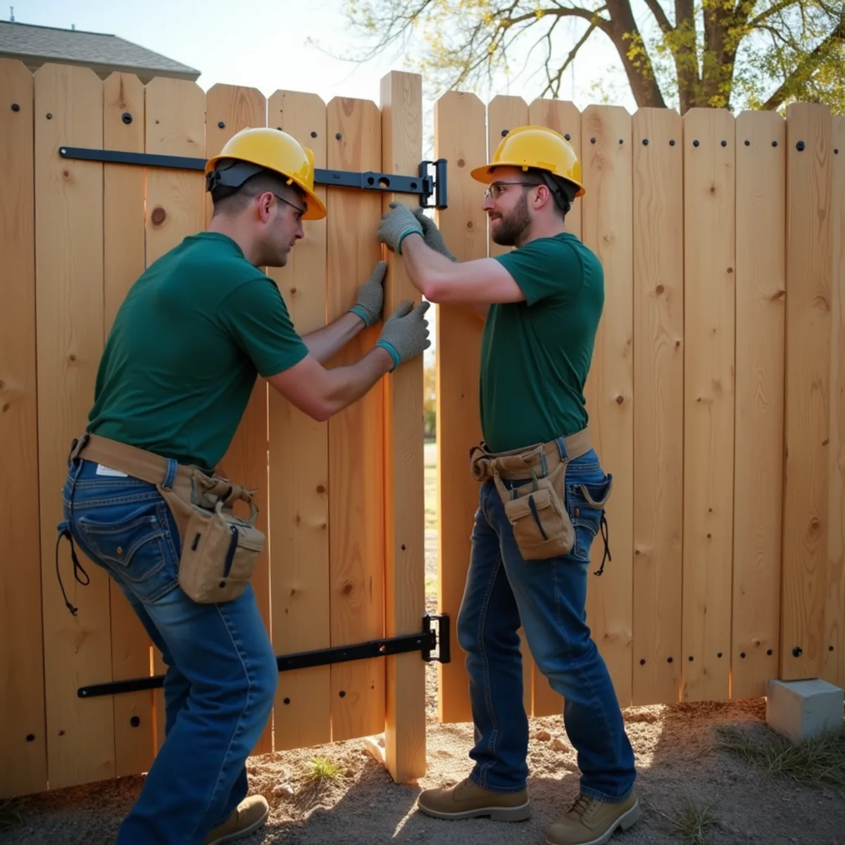 Craftsman diagnosing latch misalignment and hinge deflection on sagging wooden gate