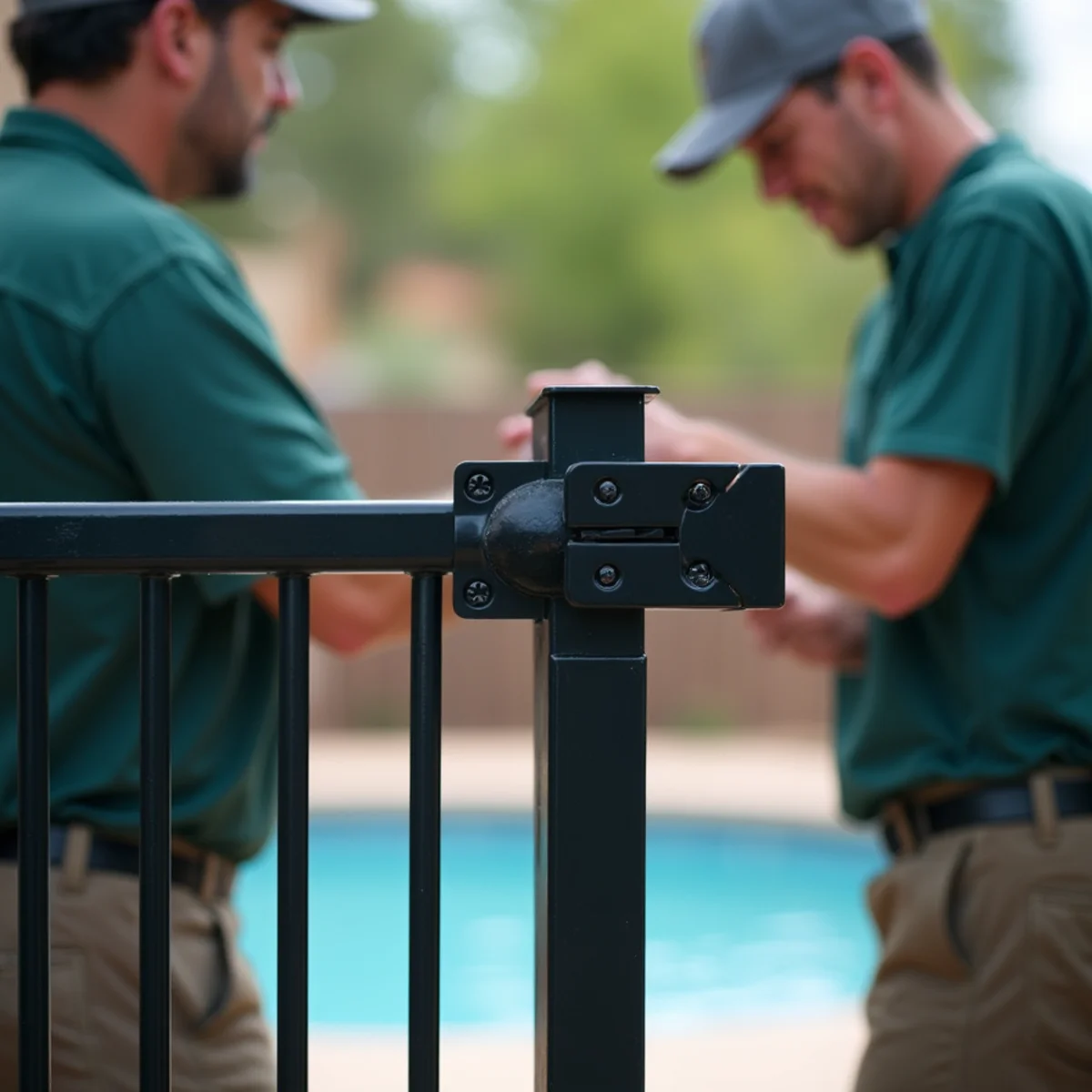 Magnetic self-latching pool gate hardware installed at code-required child safety height