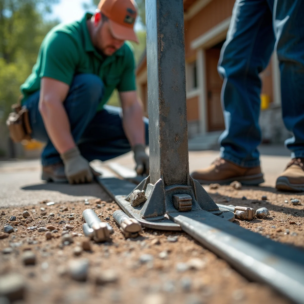 Heavy steel cane bolt locked firmly into concrete ground sleeve to secure gate in wind