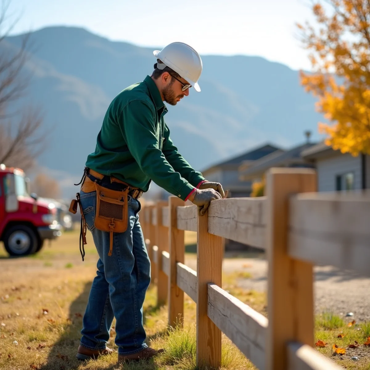 Contractor performing structural stability audit on cedar fence prior to wind season