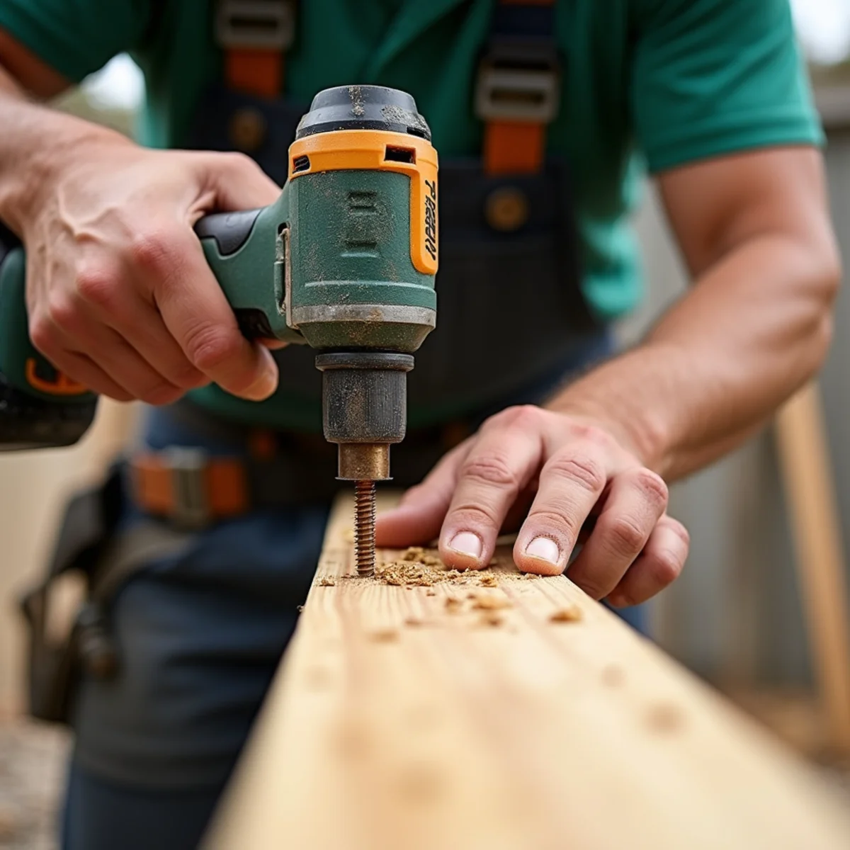 Driving bronze ceramic exterior screw into cedar fence board with cordless impact driver