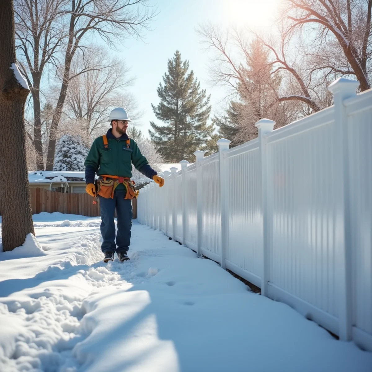 Commercial-grade vinyl privacy fence standing intact in snow-covered Colorado yard