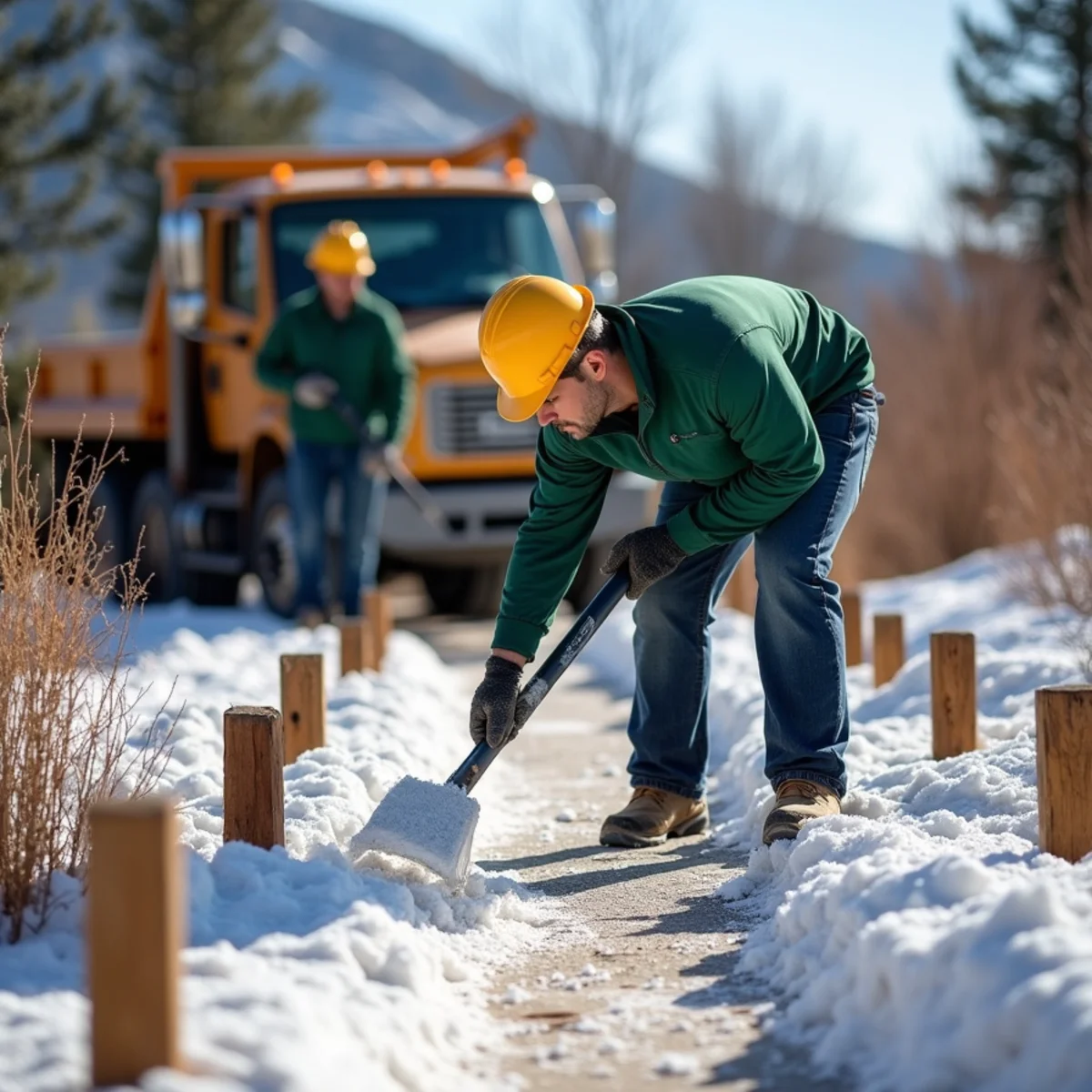 Applying pet-safe non-corrosive ice melt near wooden fence posts and metal gate hardware