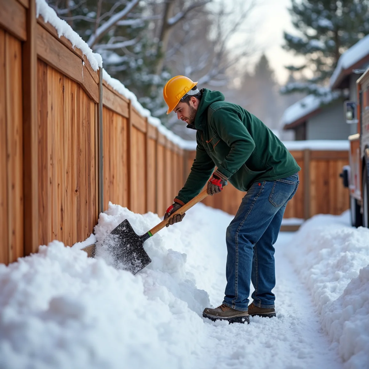 Clearing heavy wet snow drifts away from bottom rails of cedar privacy fence
