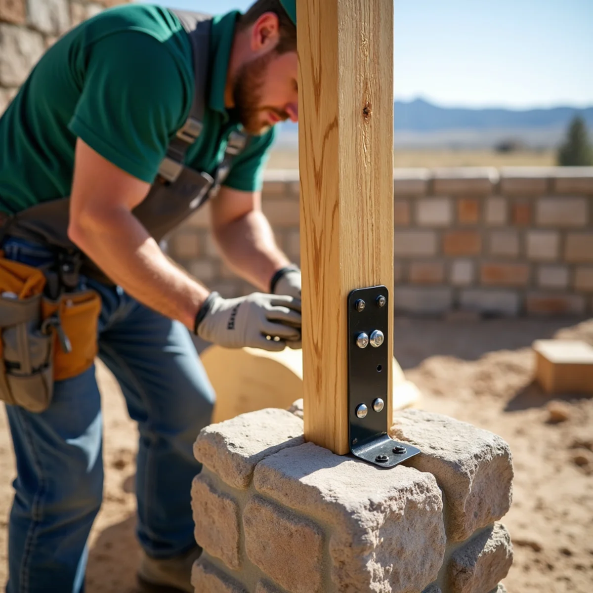 Custom steel bracket connecting wooden fence rails to stone masonry pillar