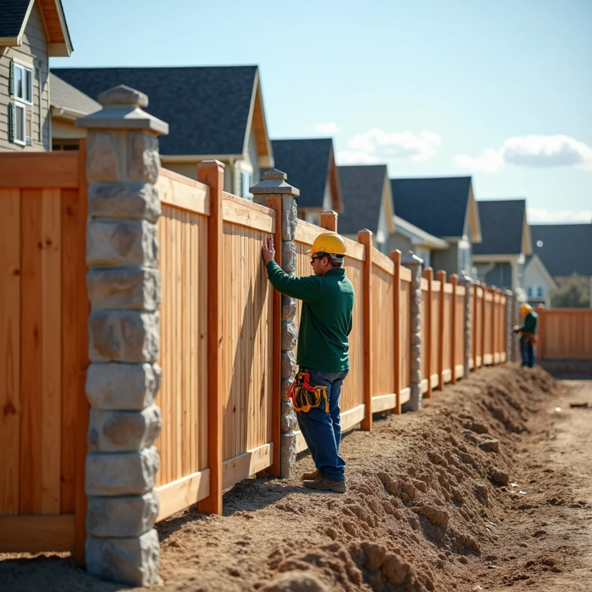 Uniform community perimeter fencing with stone pillars bordering HOA neighborhood