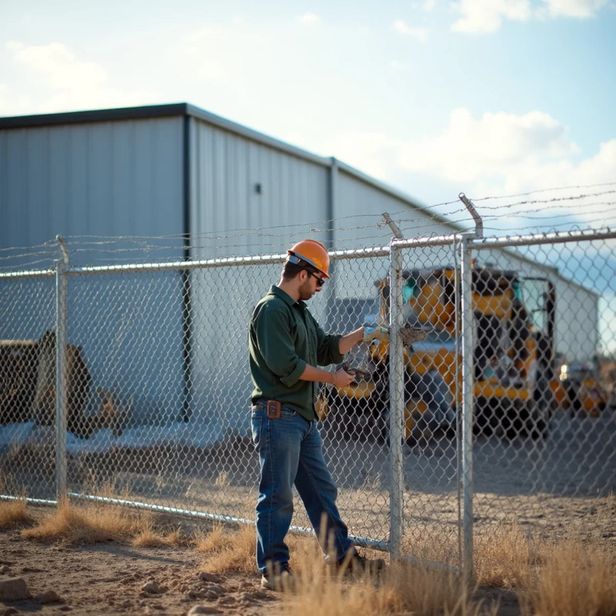 Heavy-duty commercial security fence enclosing commercial business facility
