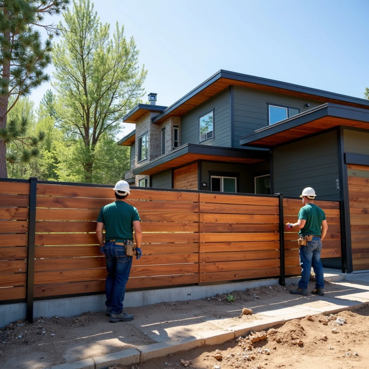 Custom horizontal cedar fence with black steel framework on contemporary home