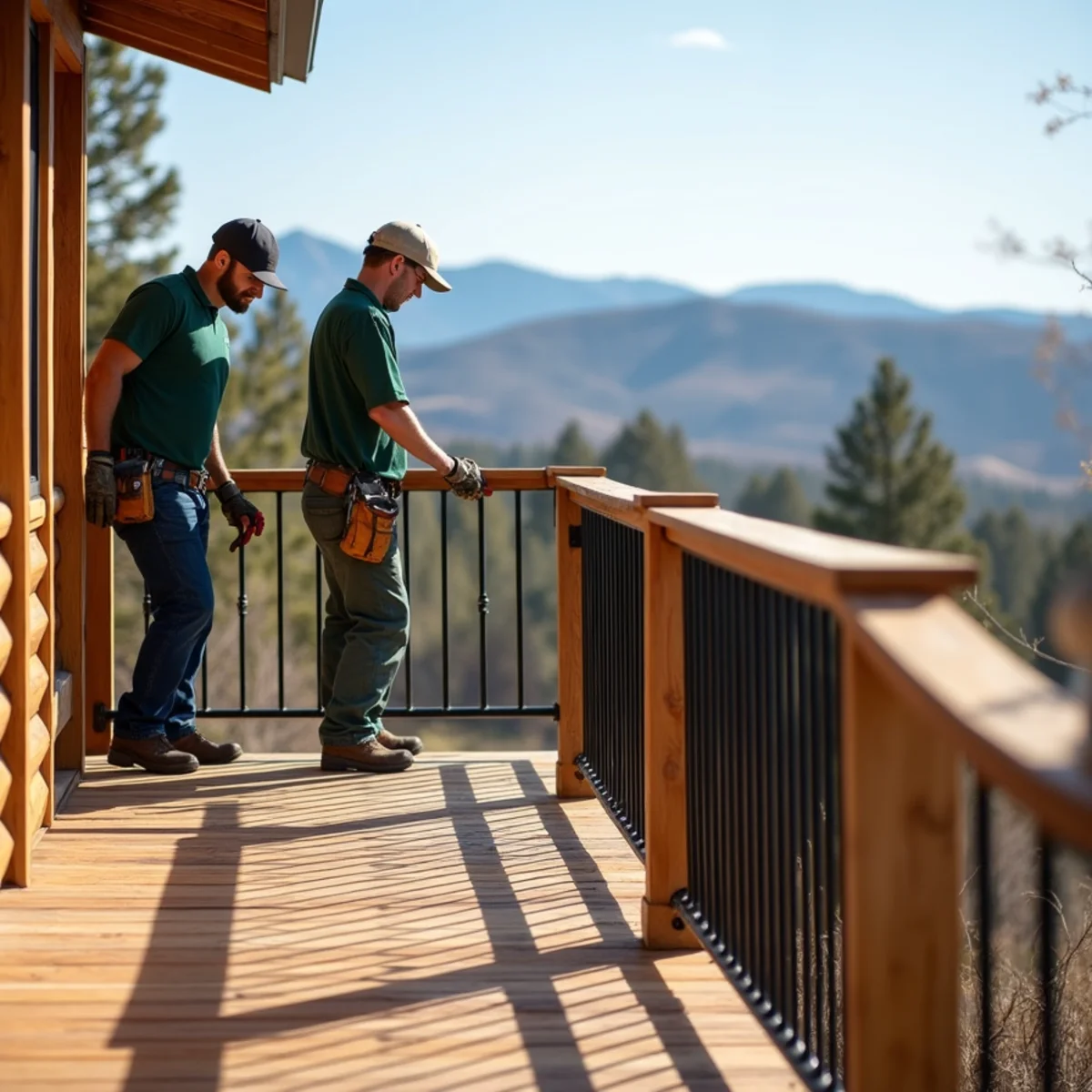 Cedar deck handrail with slim black aluminum balusters framing mountain view
