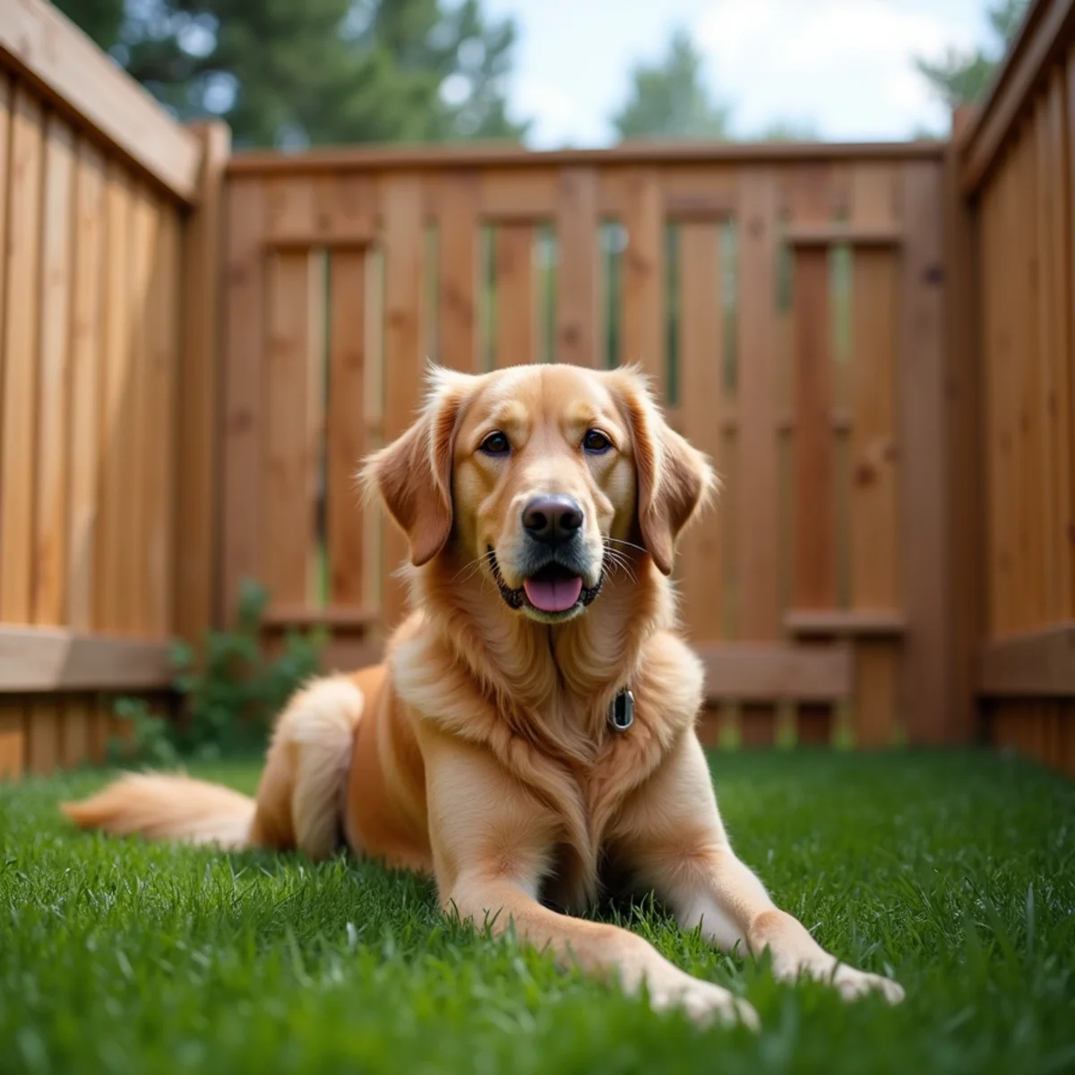 Golden retriever sitting safely inside secure cedar fenced backyard