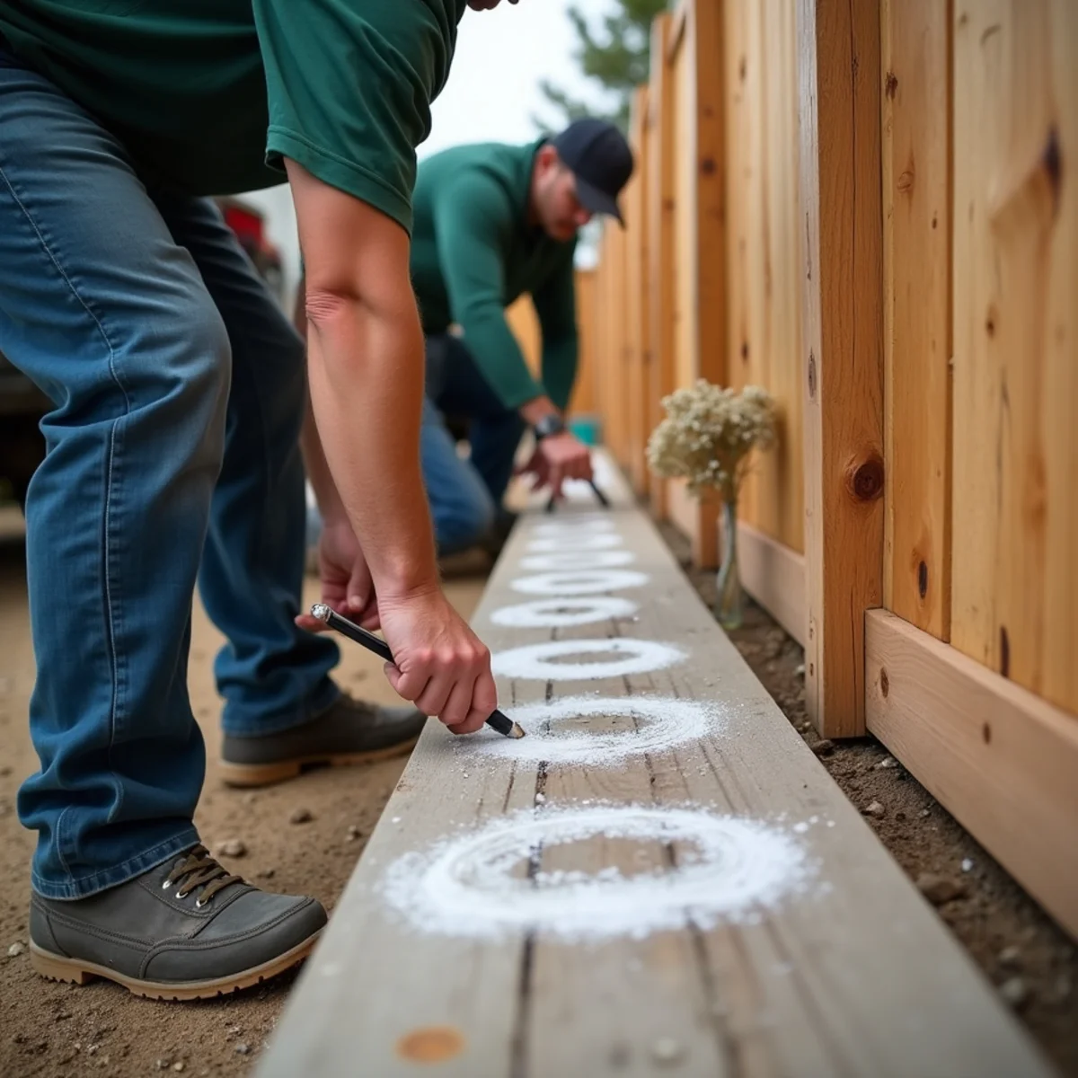 Chalk circles identifying hail strikes on cedar fence for insurance claim
