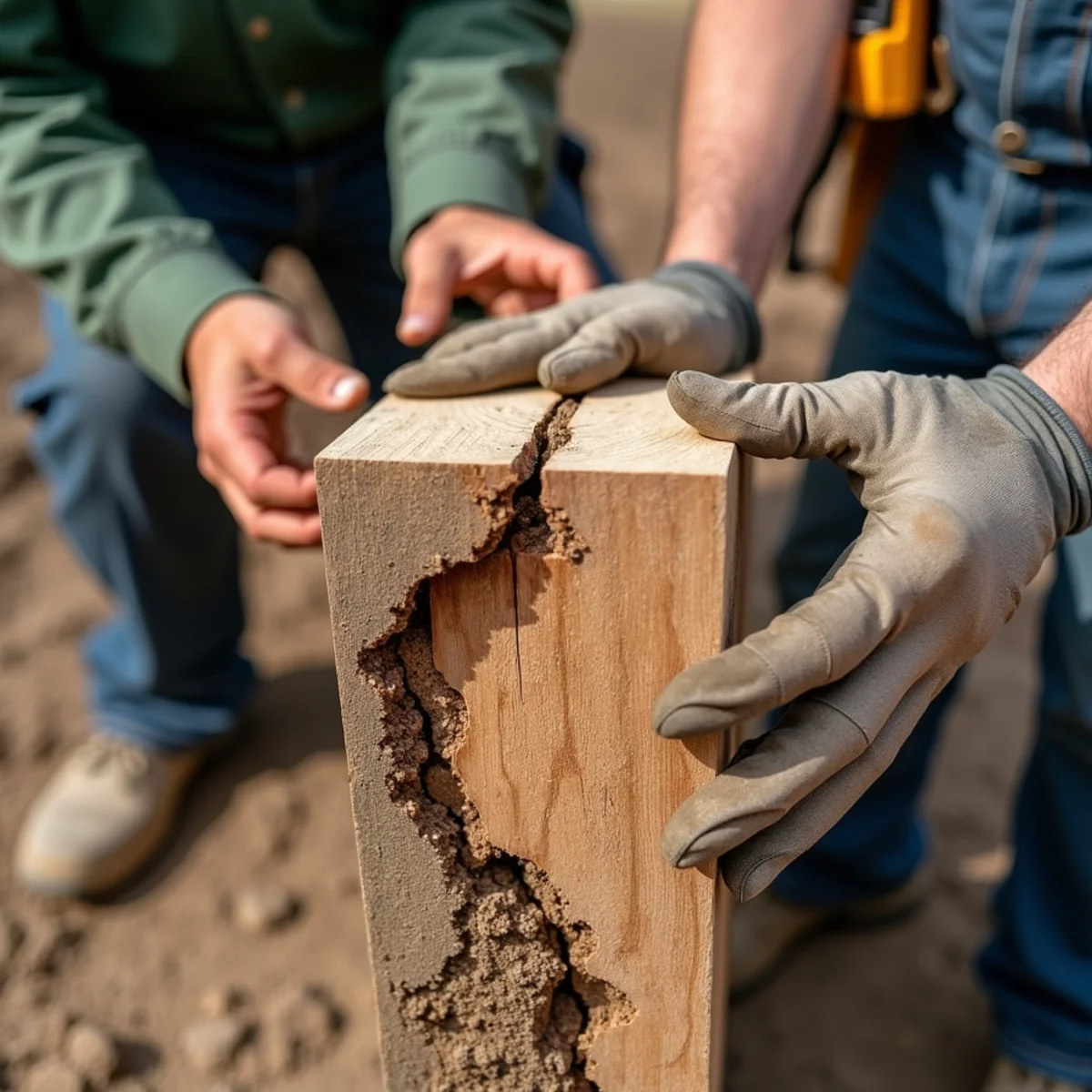 Close-up of horizontal shear fracture at post base caused by wind pressure
