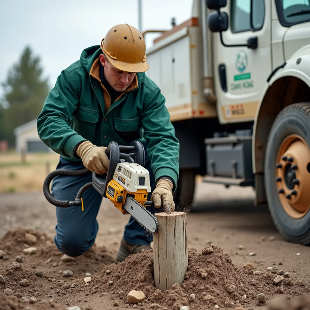 Cutting shattered post stump flush with concrete footing before re-drilling