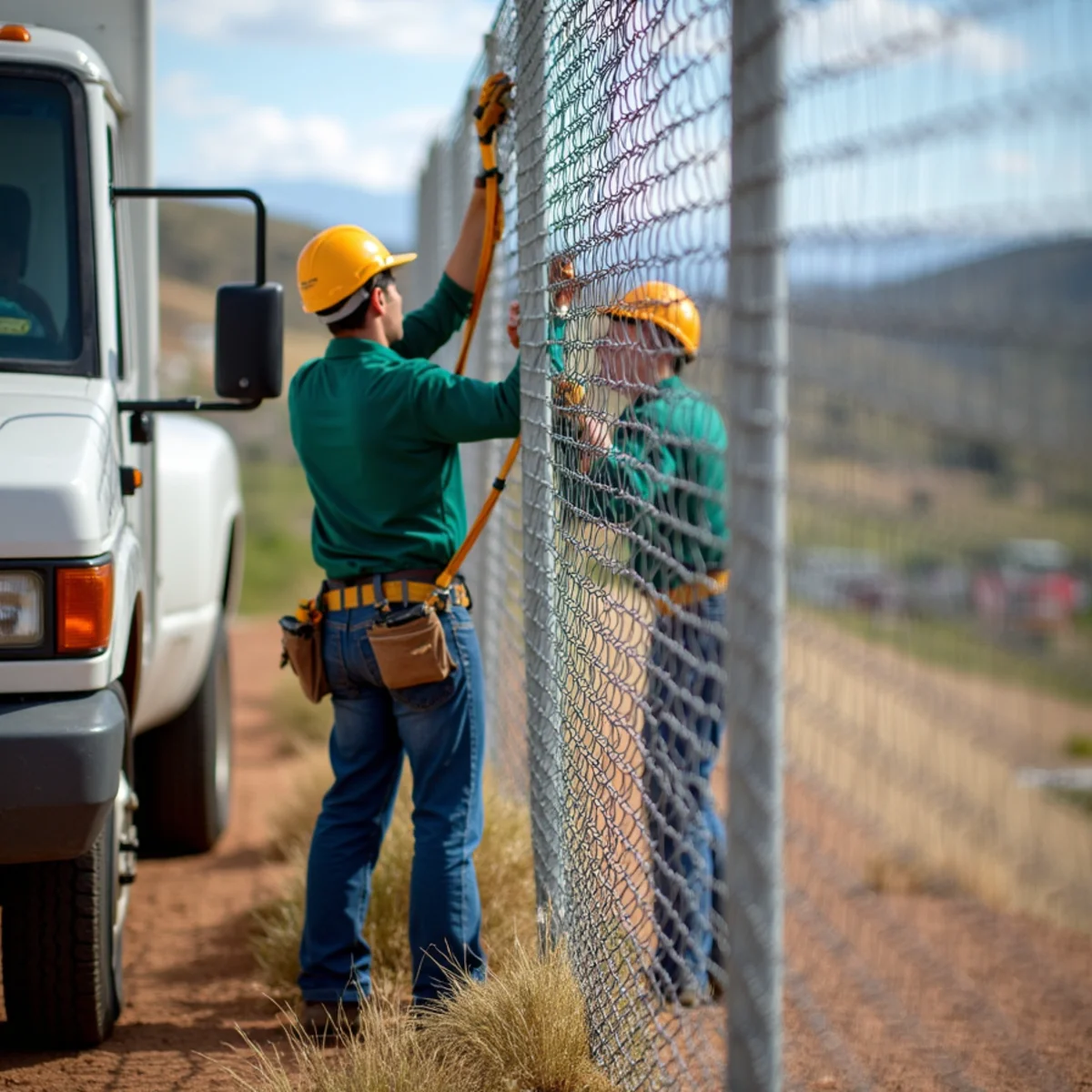 Temporary modular chain link fence panels closing storm breach in yard