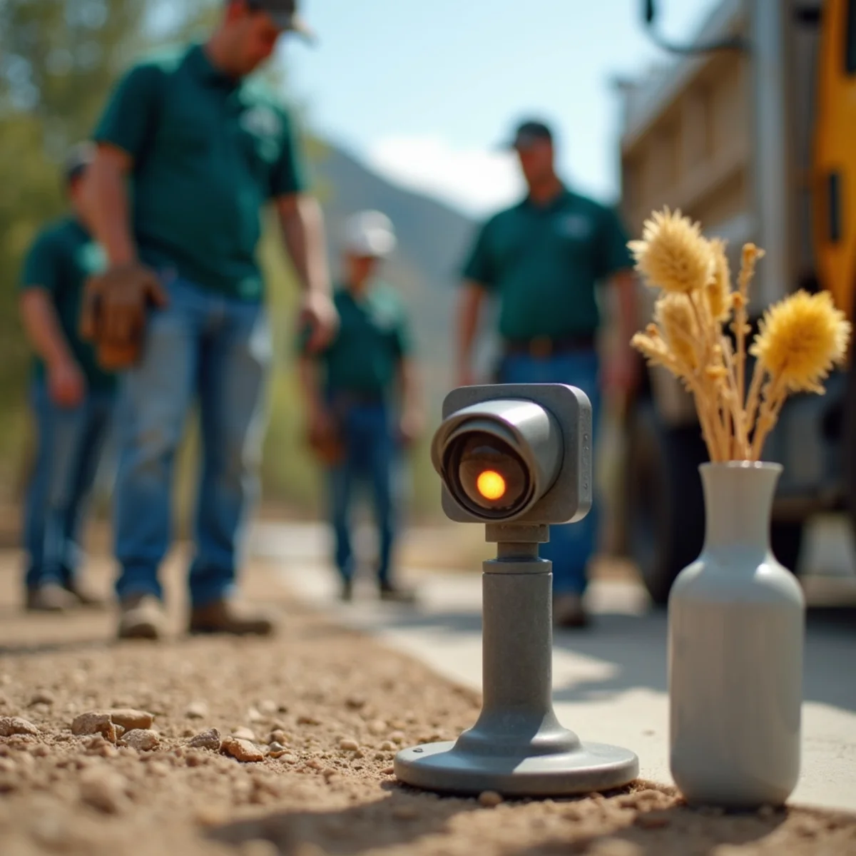 Infrared safety eye photocell sensor mounted on driveway gate post