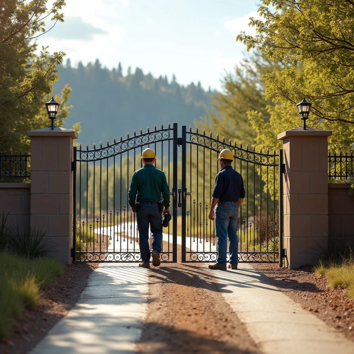 Automated electric ornamental steel driveway swing gate opening on private driveway