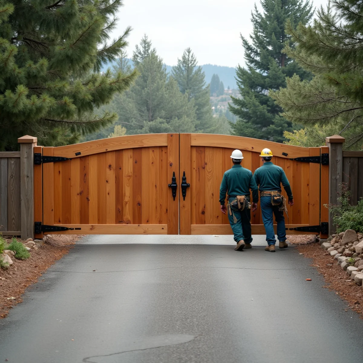 Twelve-foot wide double drive wooden gate open onto residential gravel driveway