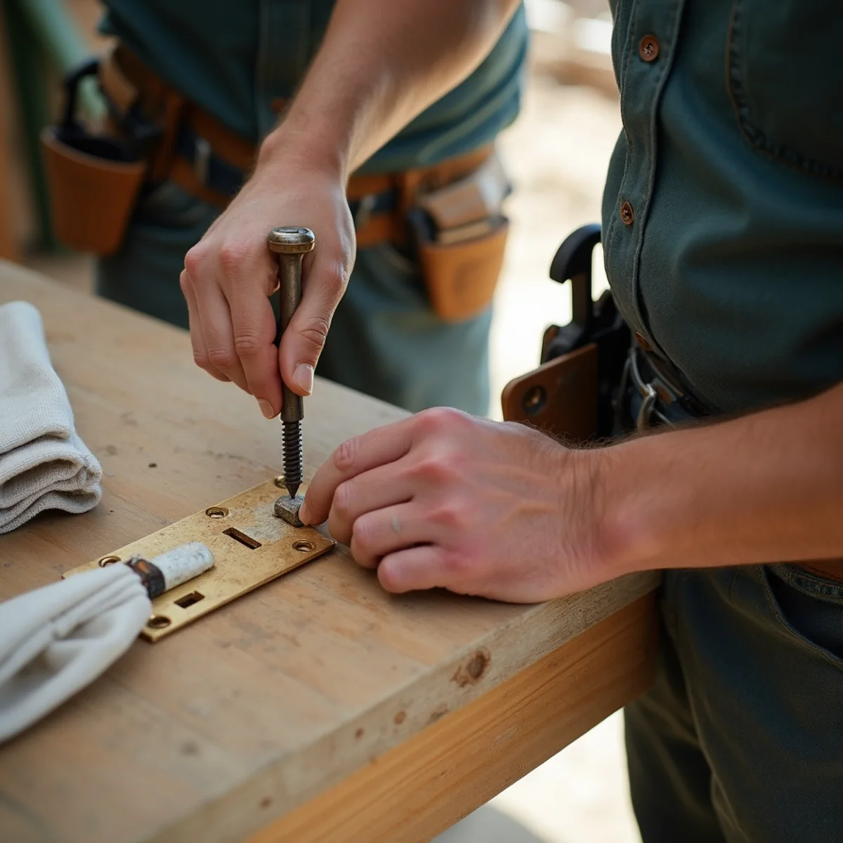 Replacing short loose screws with 3-inch structural lag screws in gate hinge