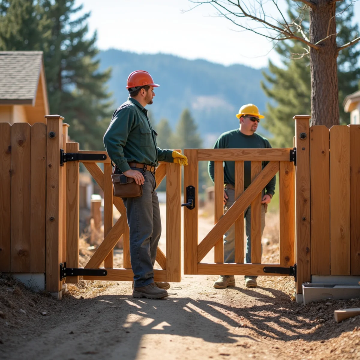 Heavy-duty cedar walk gate with black powder-coated latch and spring hinges