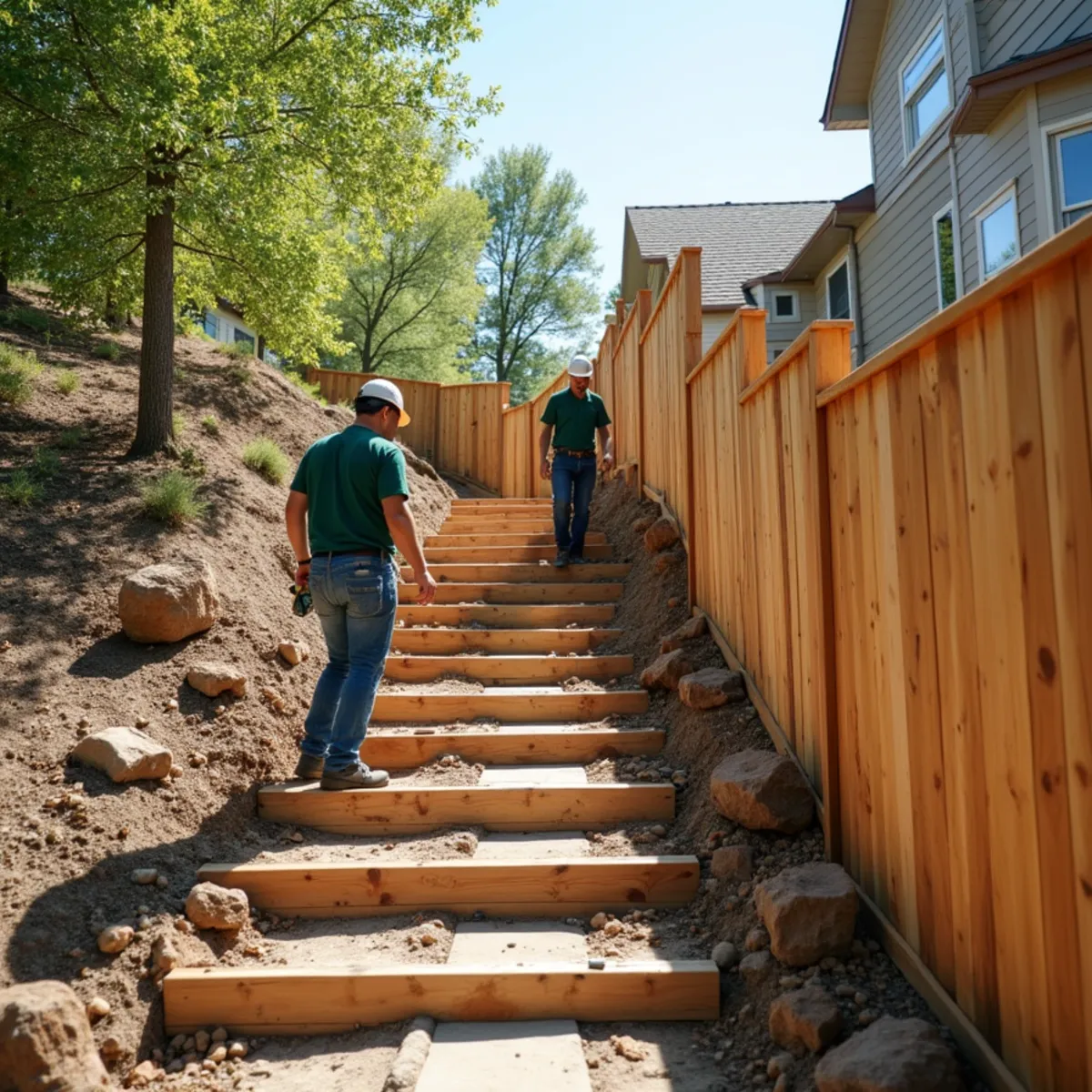 Stepped wood privacy fence constructed down steep backyard hillside grade