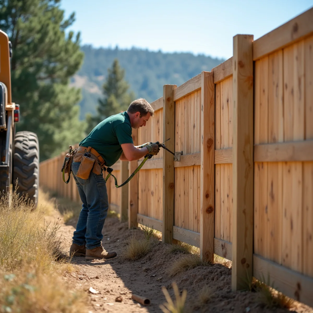 Leaning fence run stabilized and pulled to plumb vertical alignment with bracing