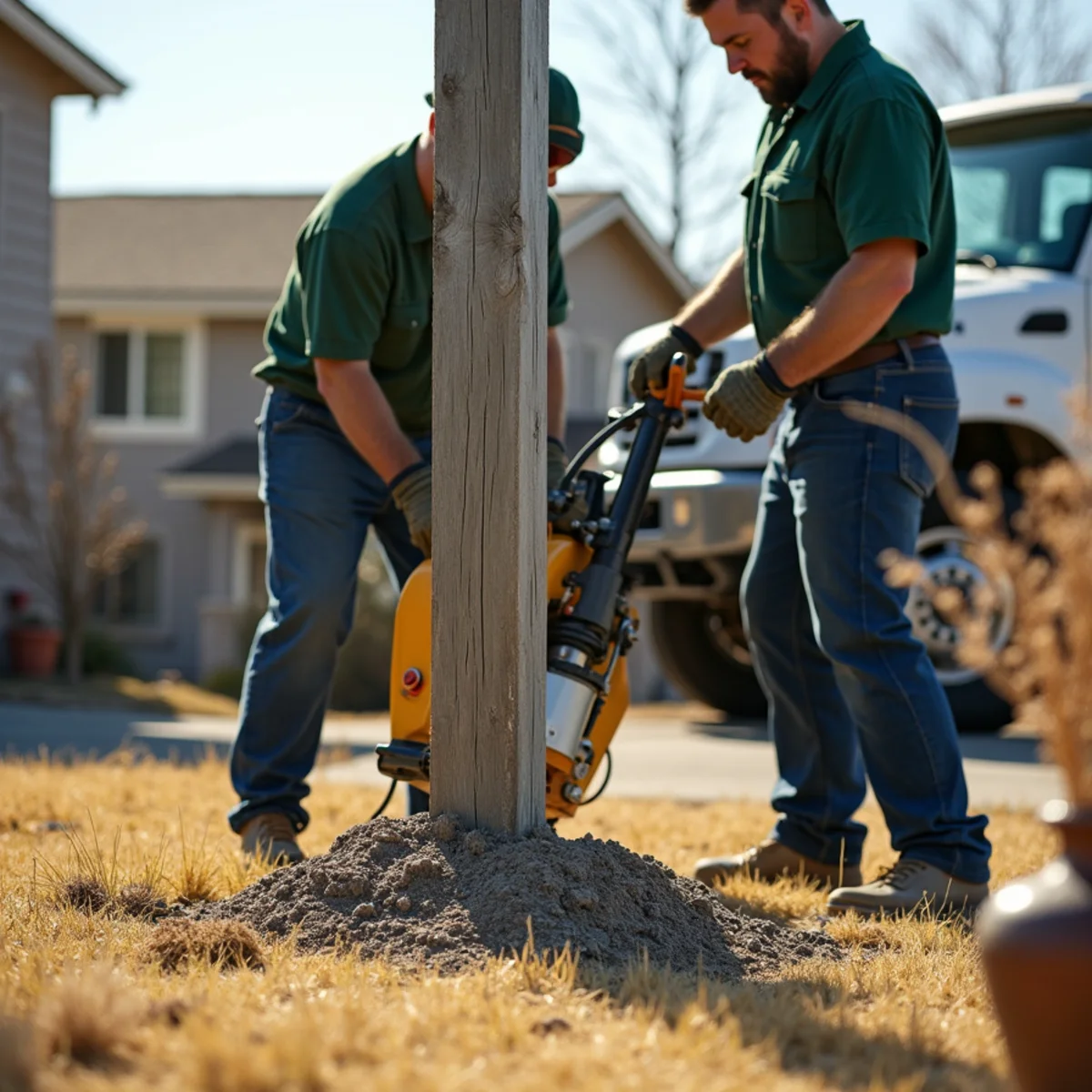 Hydraulic post puller extracting broken fence post and concrete ball