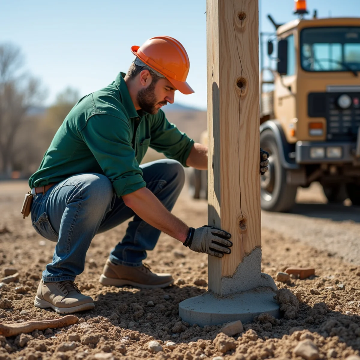 Craftsman excavating cracked concrete footing to replace storm-damaged fence post