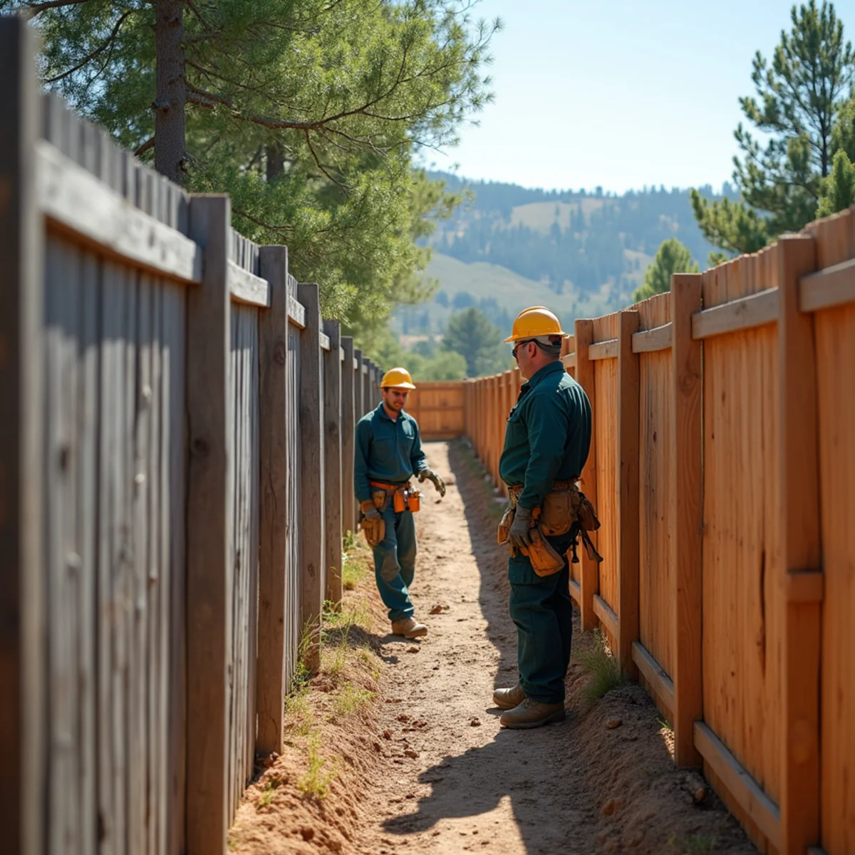 Comparison of old weathered leaning fence next to brand-new cedar privacy fence