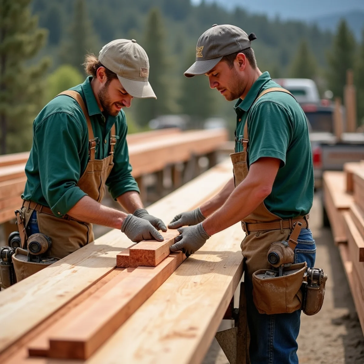 Hand-inspecting kiln-dried Western Red Cedar lumber for fence framing