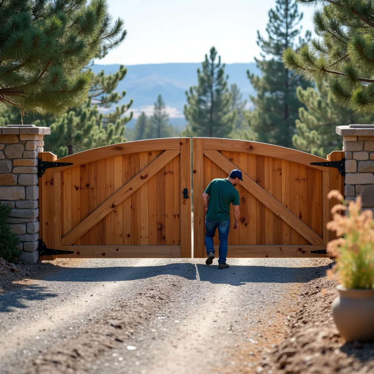 Heavy-duty double drive wooden gate with steel anti-sag truss and hardware
