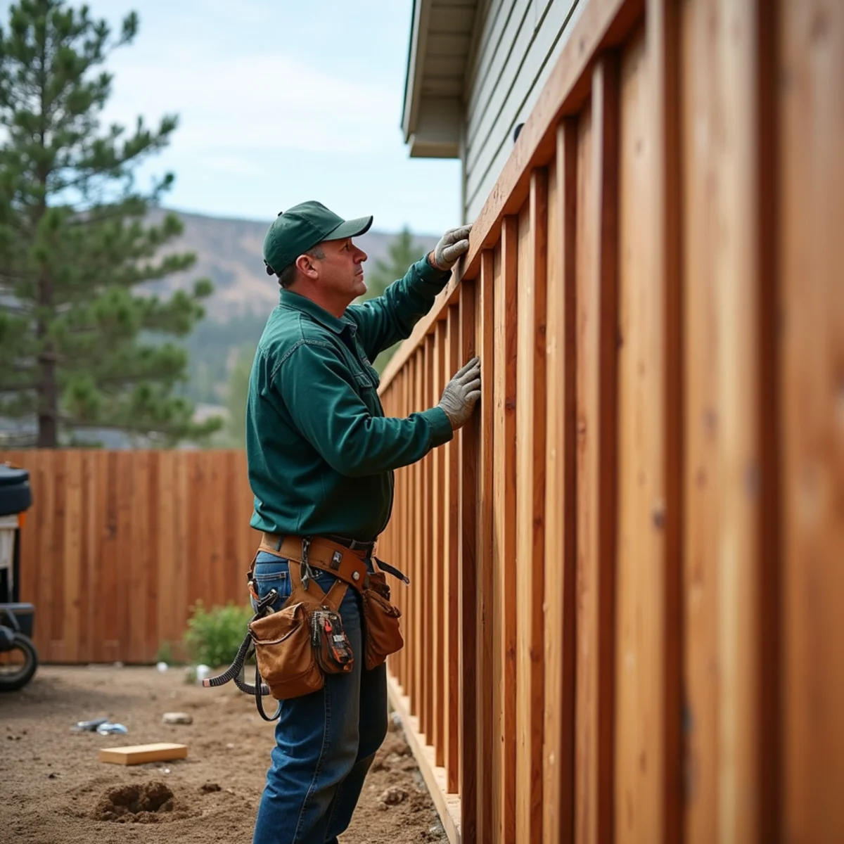 Craftsman installing Western Red Cedar privacy fence in Colorado Springs residential backyard