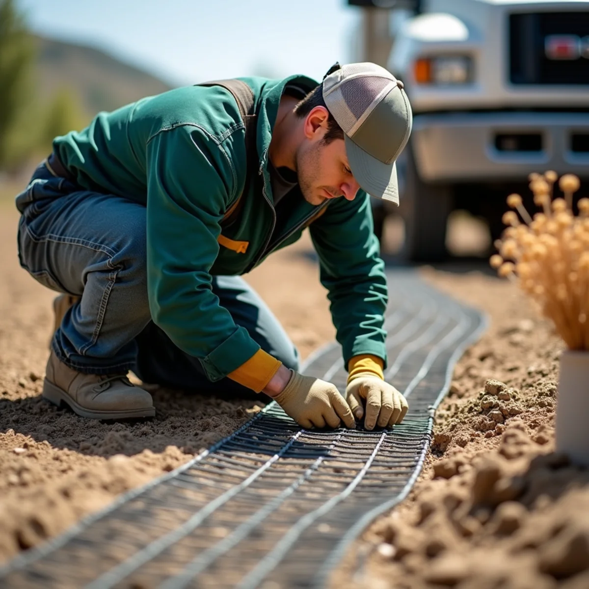 Pinning wire mesh ground apron to soil with steel ground stakes