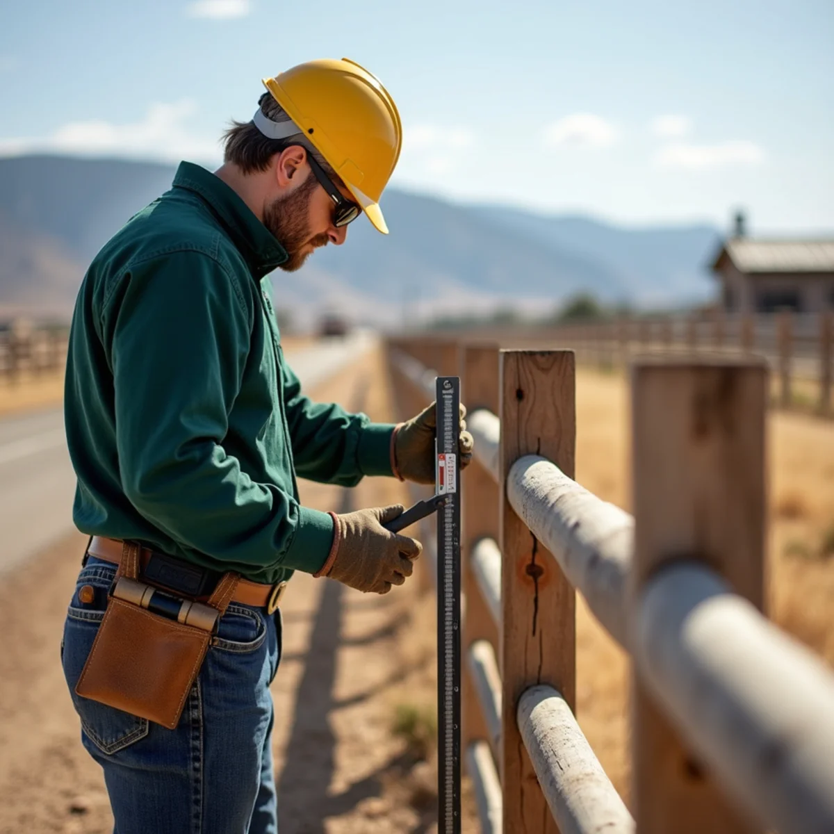Verifying uniform vertical rail spacing with wooden gauge on ranch fence