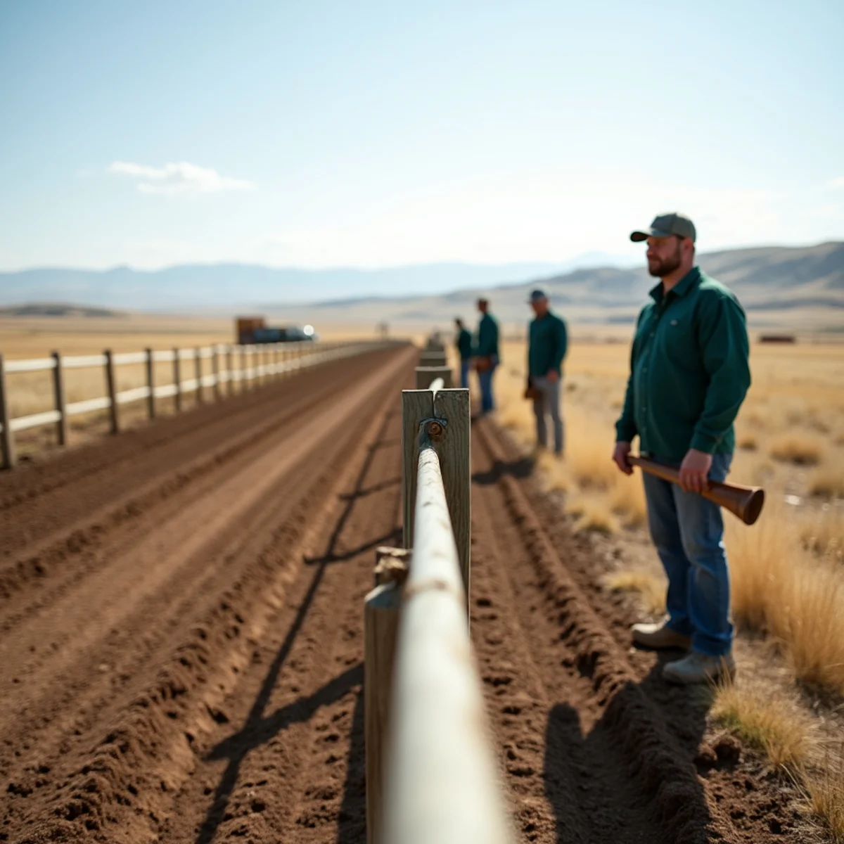 Level three-rail ranch fence line stretching across rolling rangeland