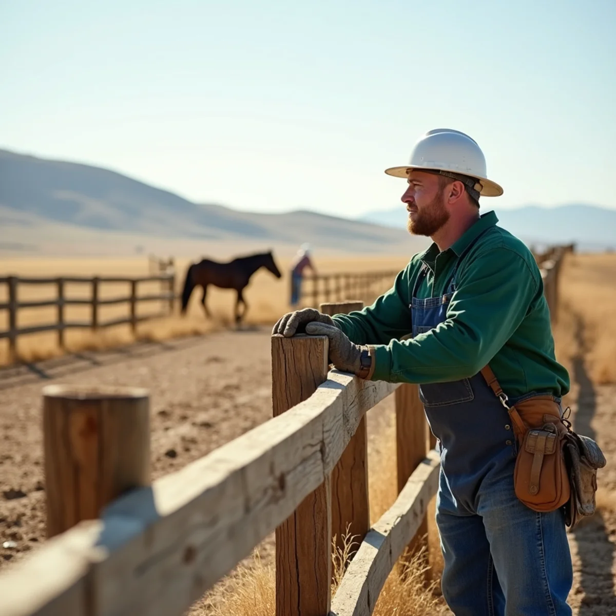 Three-rail western split rail fence enclosing multi-acre horse pasture