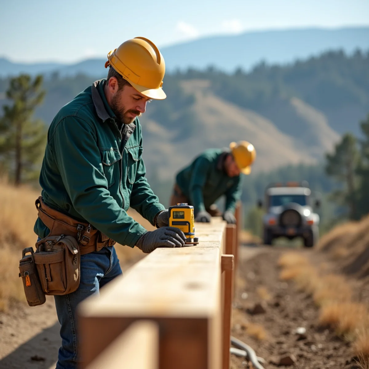 Craftsman laser-aligning timber fence posts on foothill property near mountain range
