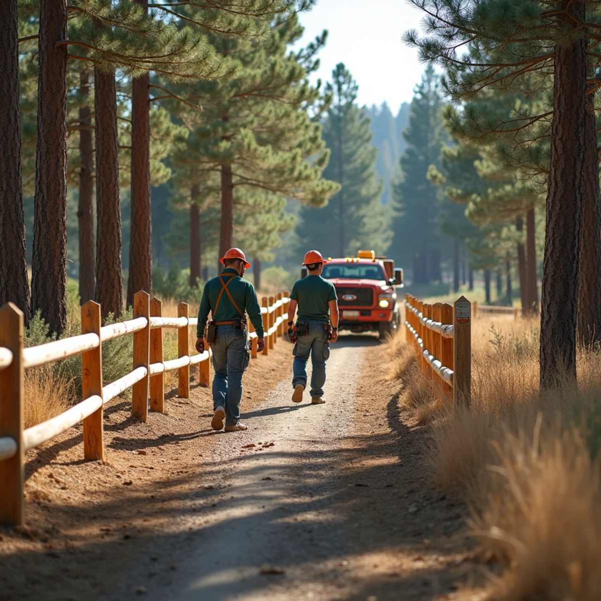 Rustic western cedar split rail fence winding through dense ponderosa pine forest