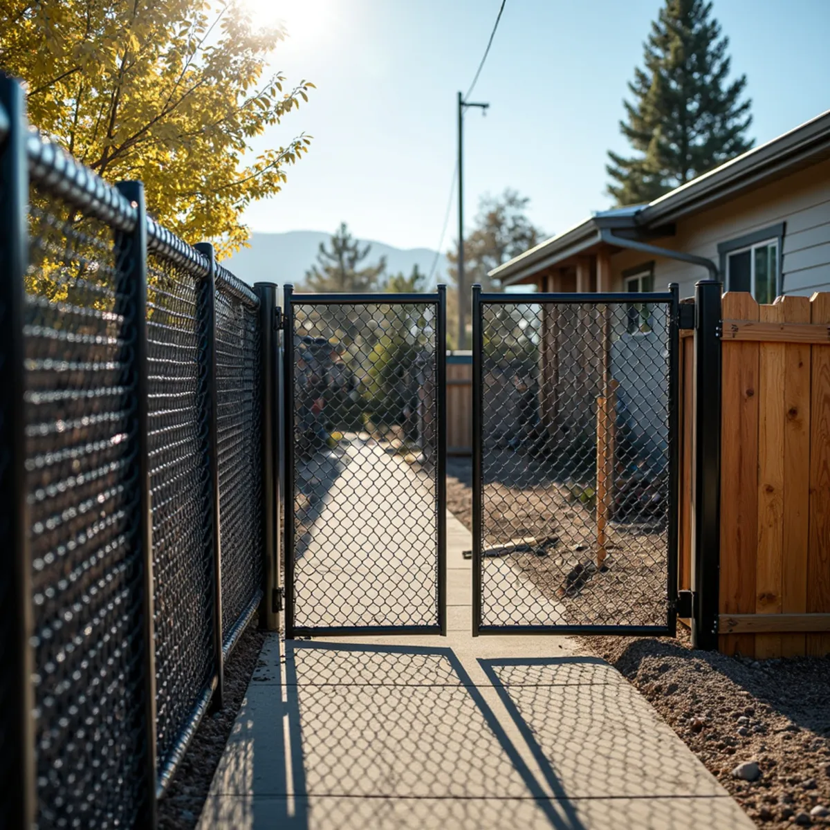 Black vinyl-coated chain link enclosure securing backyard storage space